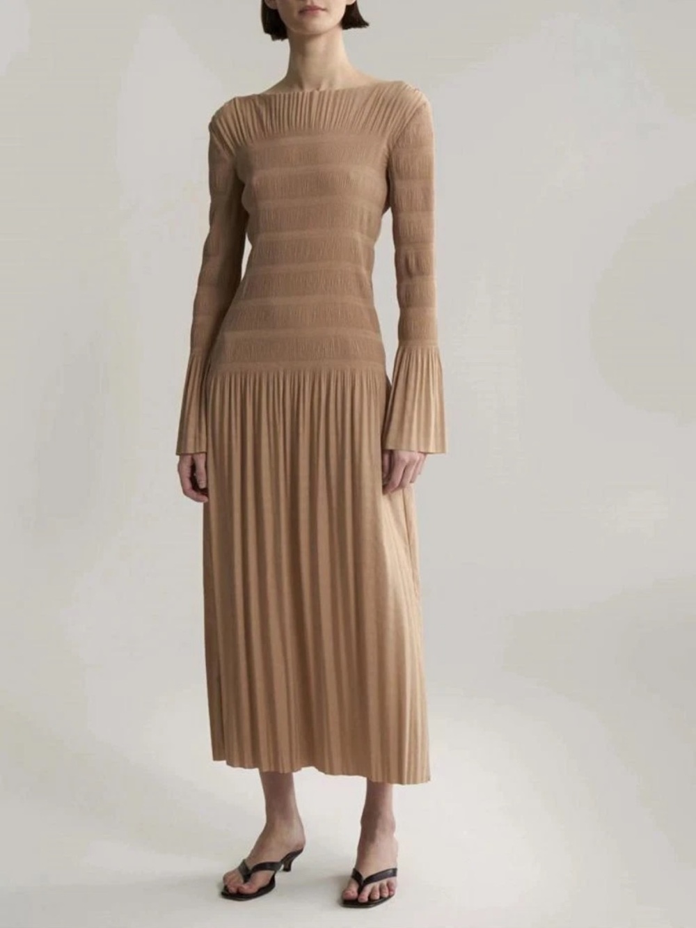 Totême Beige Smocked Long-Sleeve Maxi Dress
